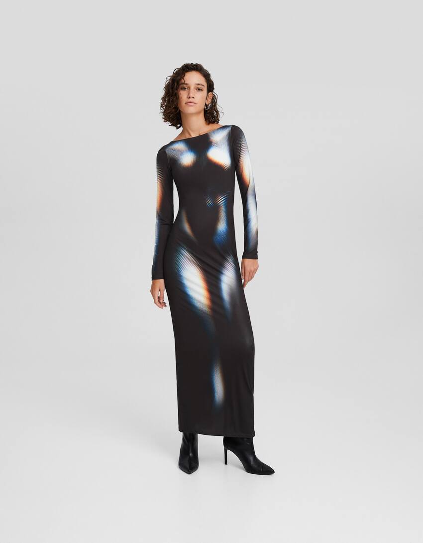 Long printed dress with long sleeves-Black-0