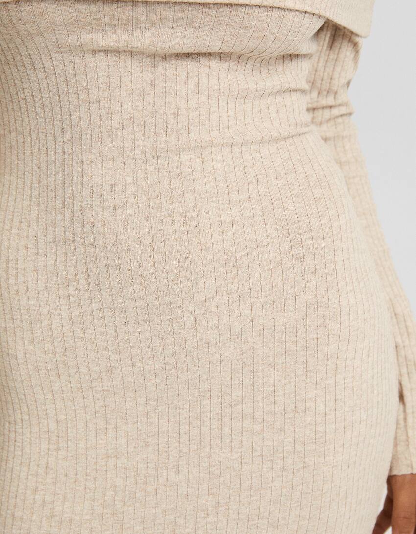 Long knit bardot dress with long sleeves-Sand-5