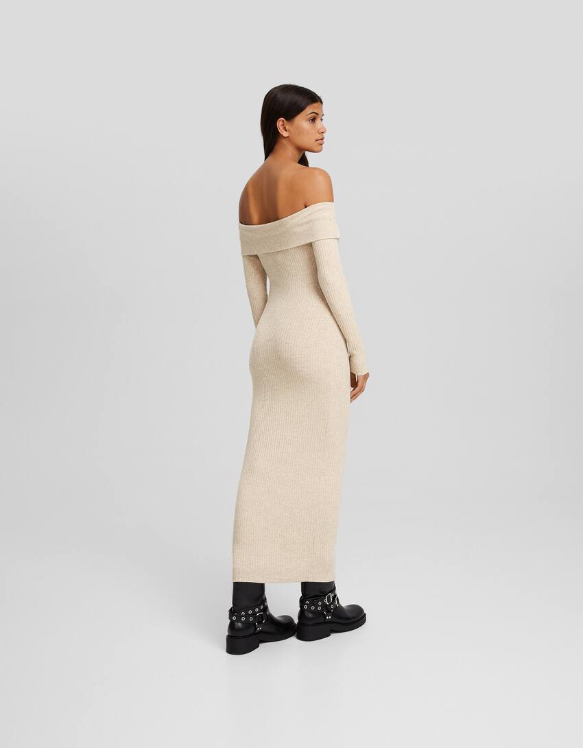Long knit bardot dress with long sleeves-Sand-2