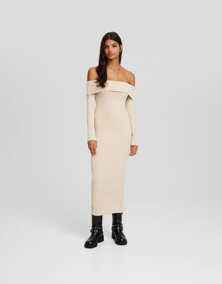 Long knit bardot dress with long sleeves-Sand-0