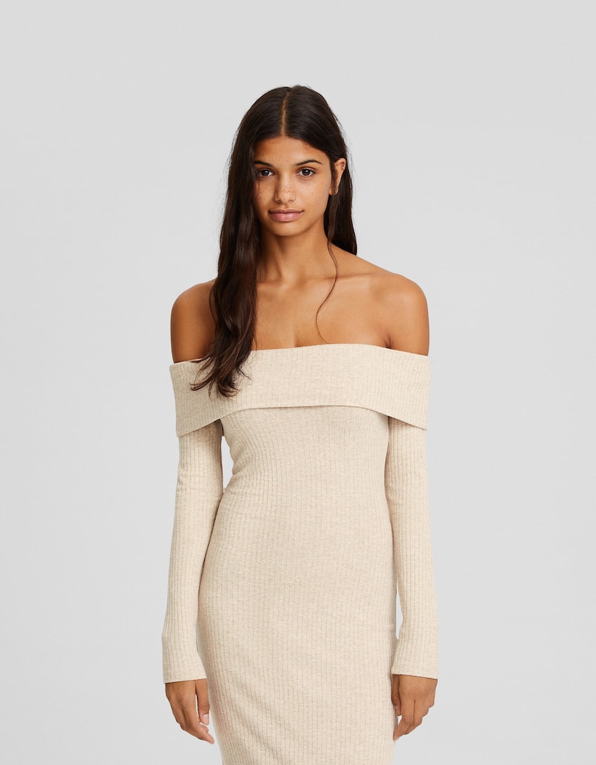 Long knit bardot dress with long sleeves-Sand-1