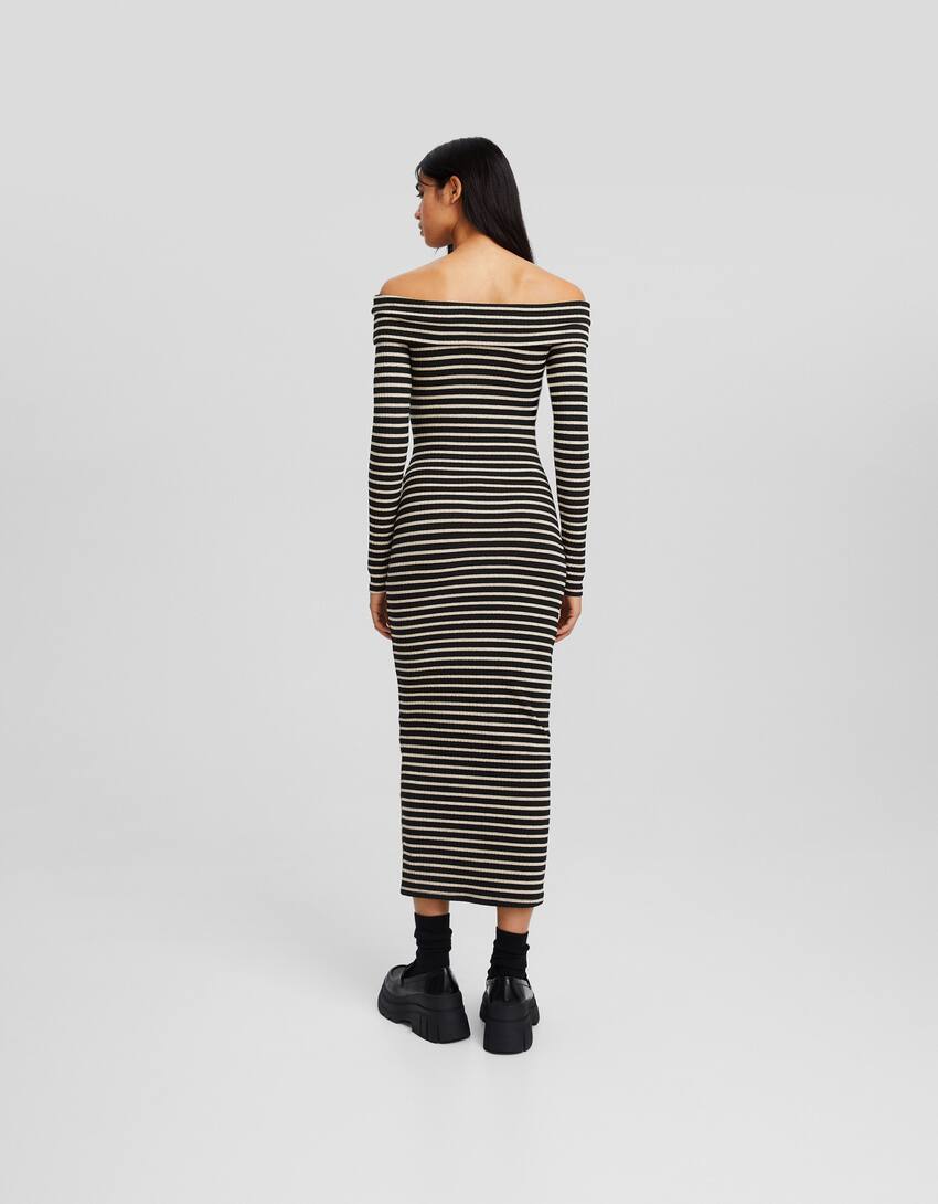 Long knit bardot dress with long sleeves-Black-2