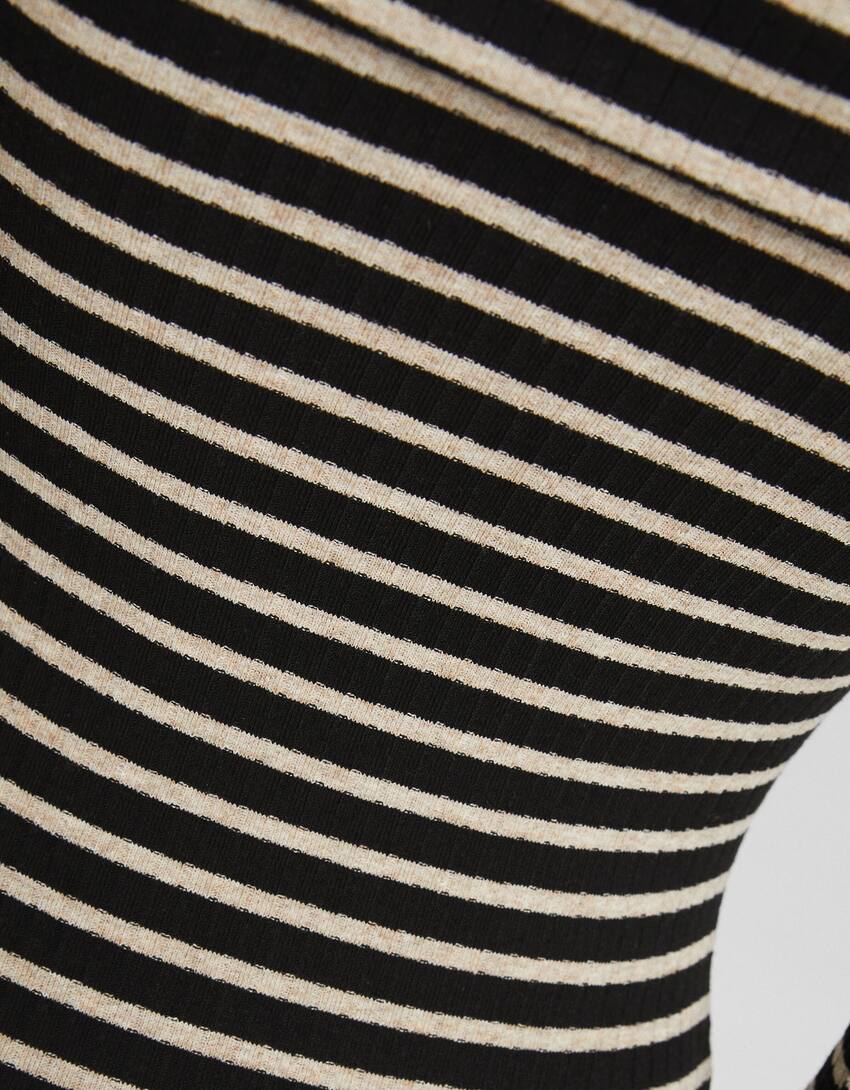 Long knit bardot dress with long sleeves-Black-5