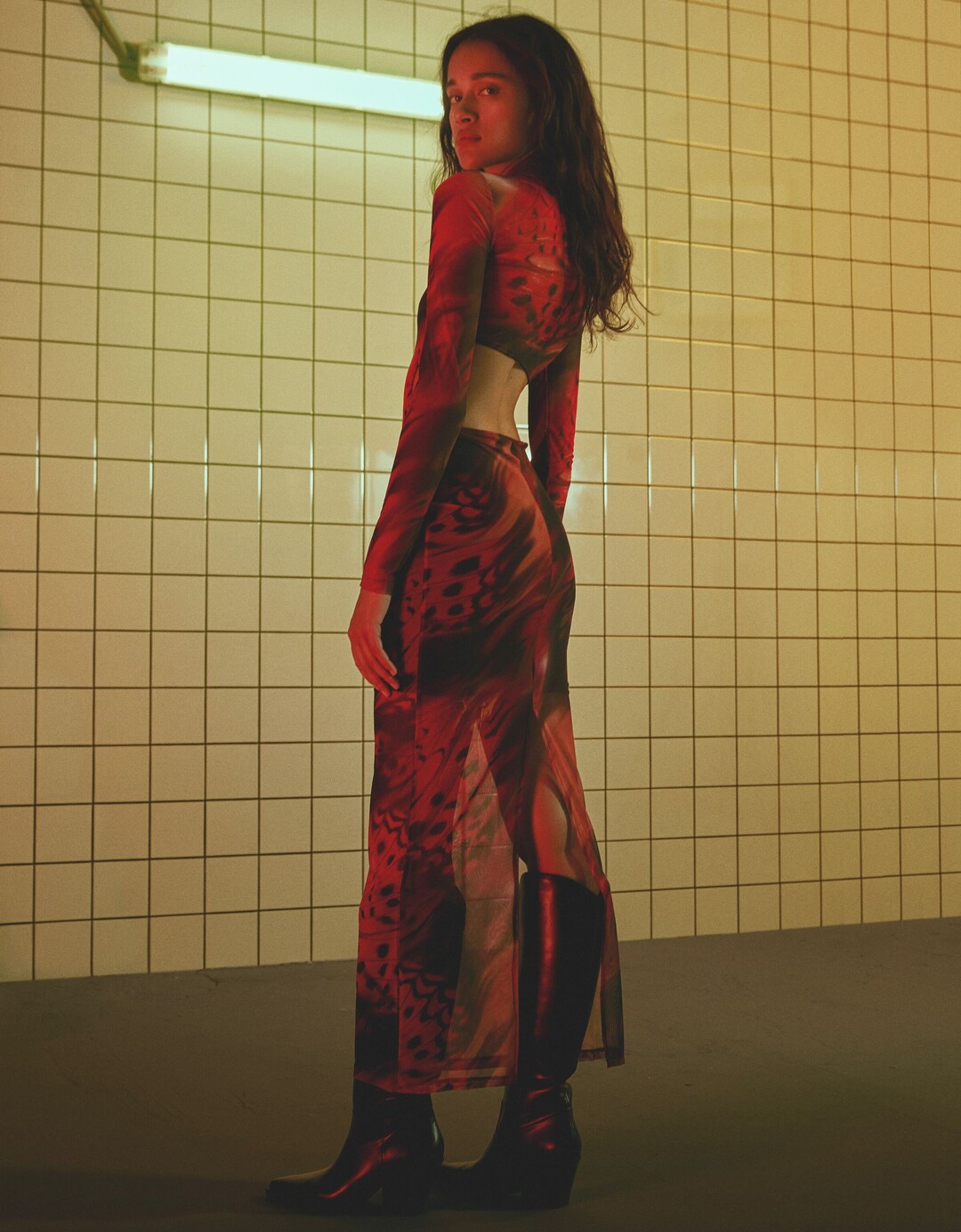 Vestido largo manga larga tul print