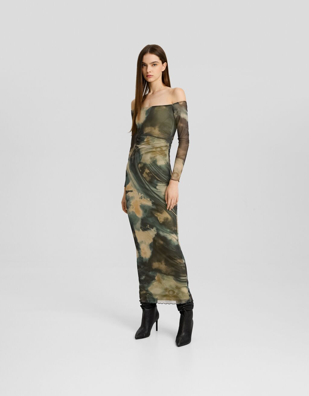 Long tie dye print dress with long sleeves Women Bershka