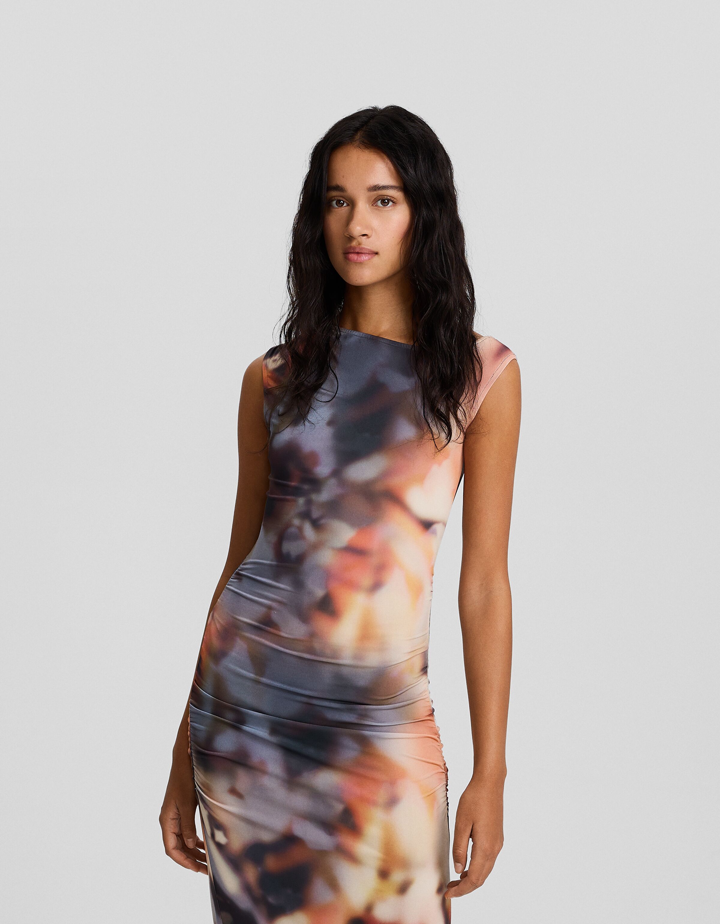 Midi asymmetric gathered dress with print - Dresses - BSK Teen