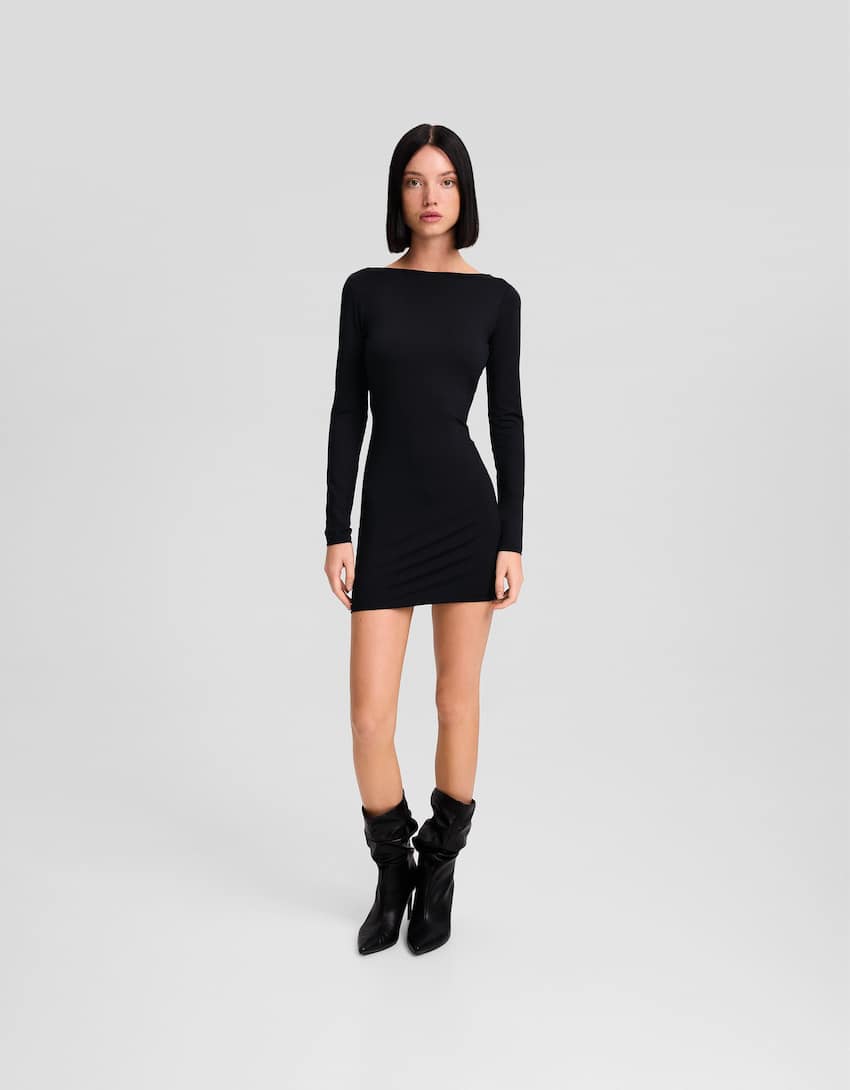 Long sleeve mini dress-Black-0