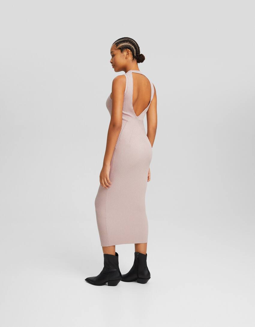 Knit ribbed midi dress with open back-Camel-2