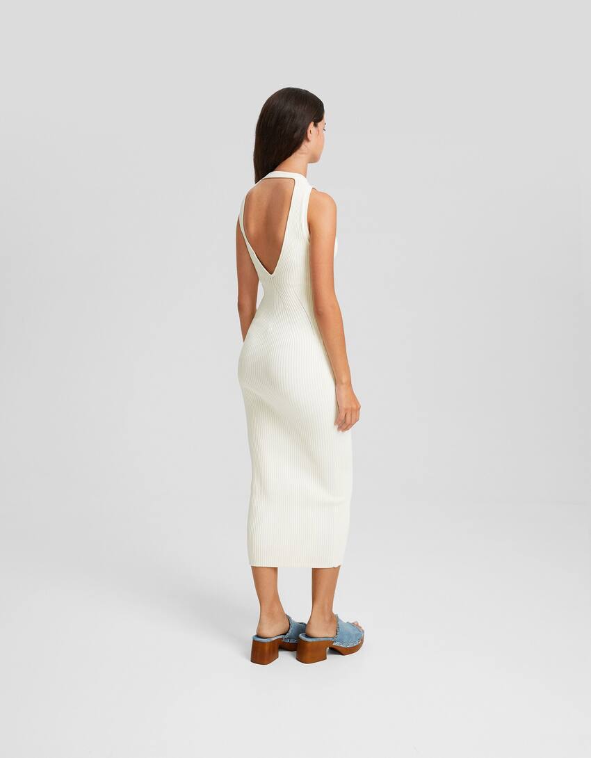 Knit ribbed midi dress with open back-Cream-2