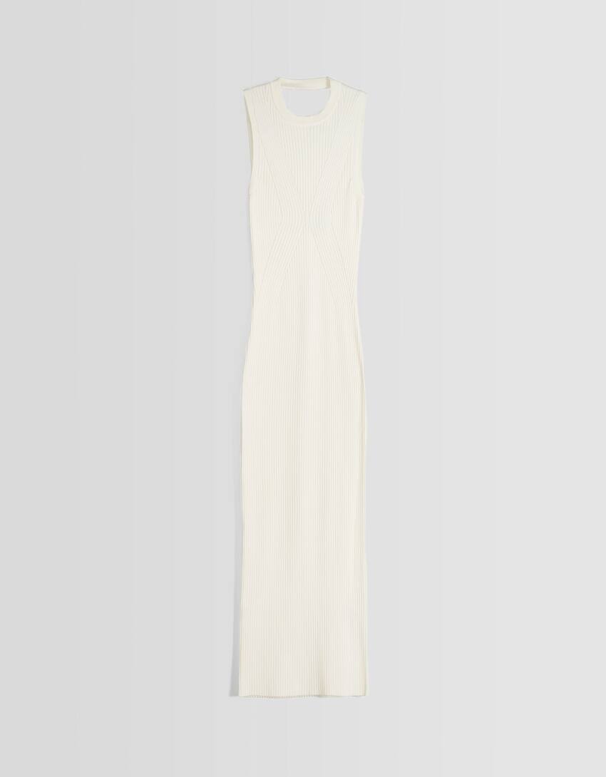 Knit ribbed midi dress with open back-Cream-4