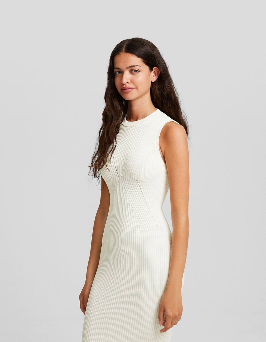 Knit ribbed midi dress with open back-Cream-1