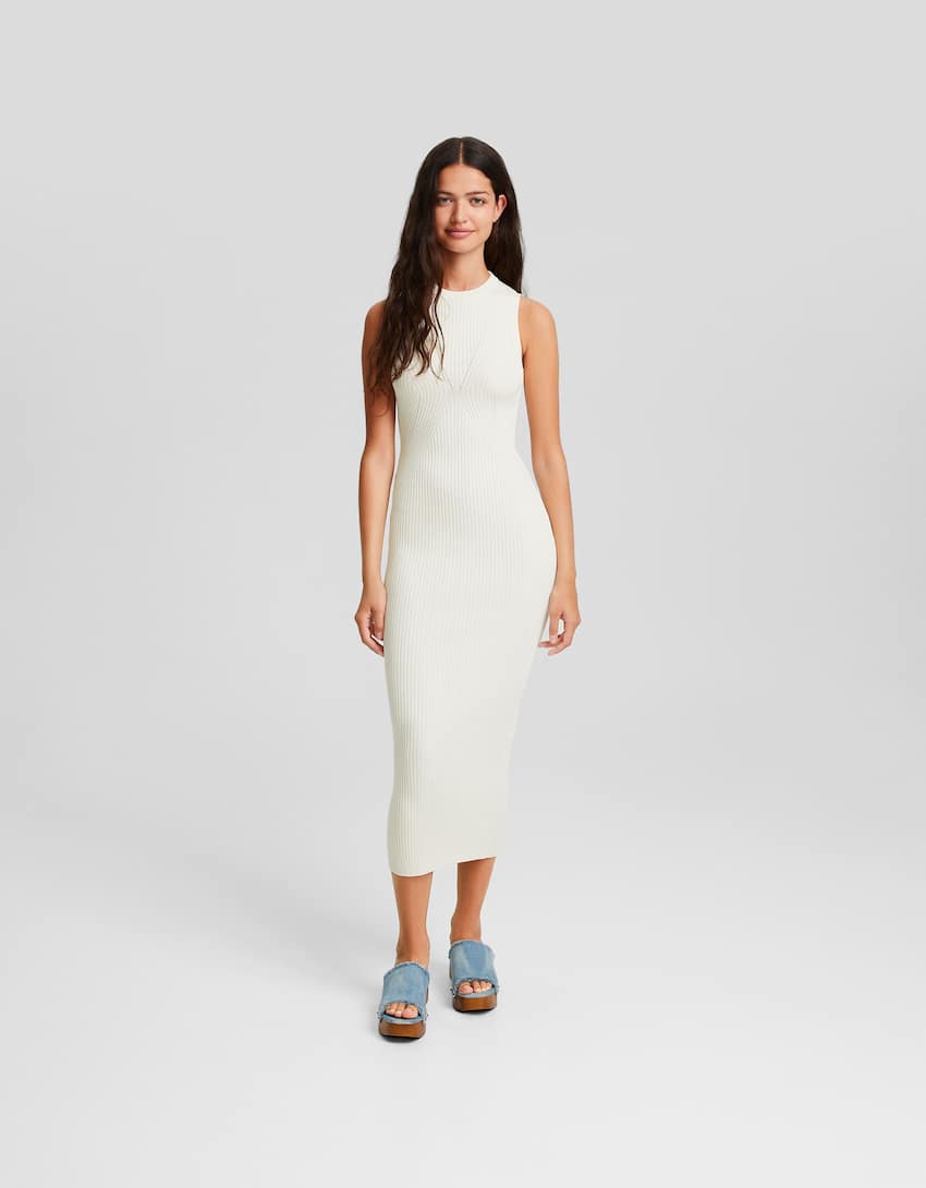 Knit ribbed midi dress with open back-Cream-0