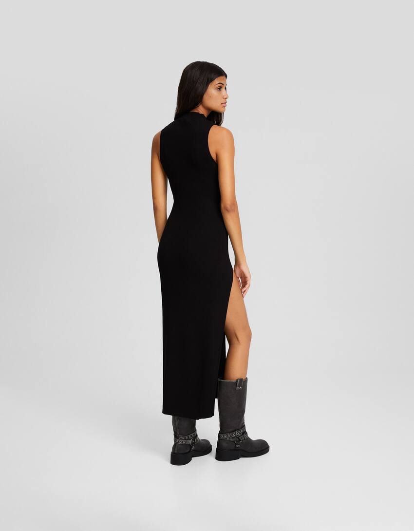Sleeveless knit high neck midi dress-Black-2