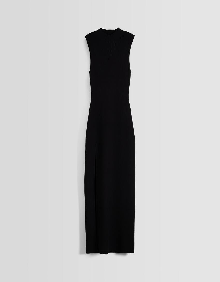 Sleeveless knit high neck midi dress-Black-4