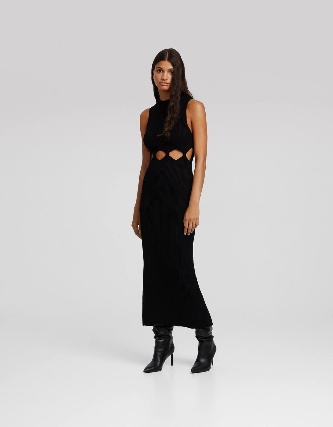 Sleeveless ribbed knit midi dress with cut-out detail