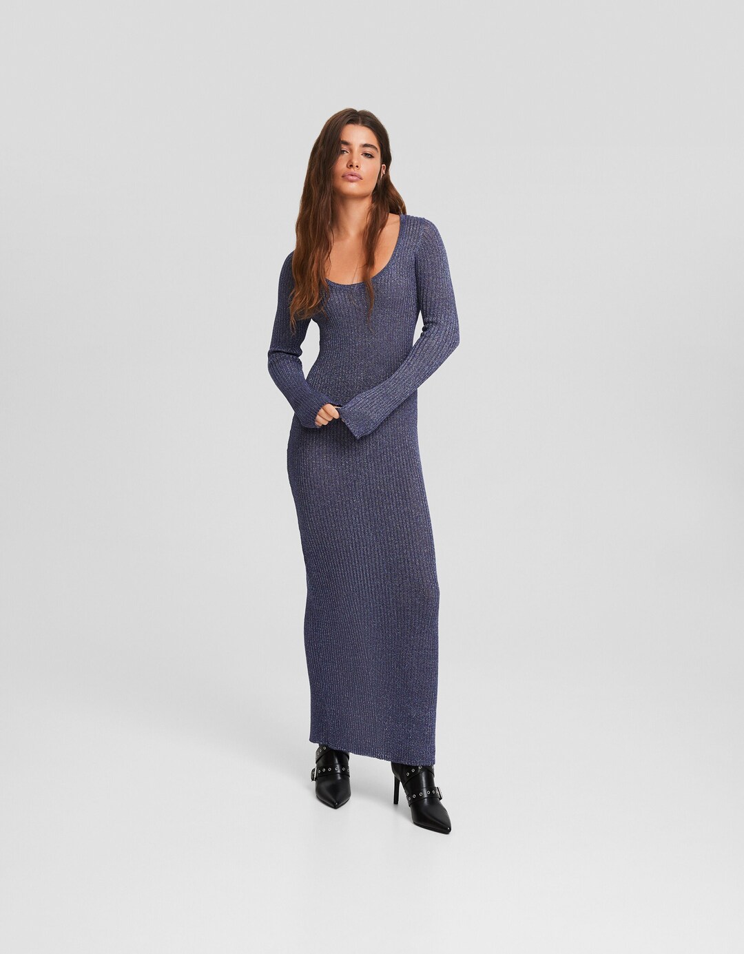 Shimmery long sleeve knit midi dress