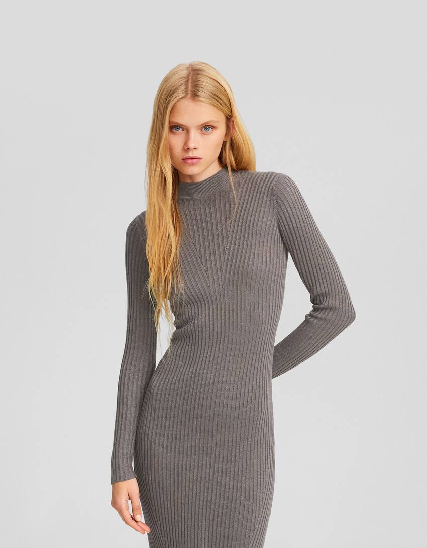 Shimmery knit high neck midi dress with long sleeves-Sand-1