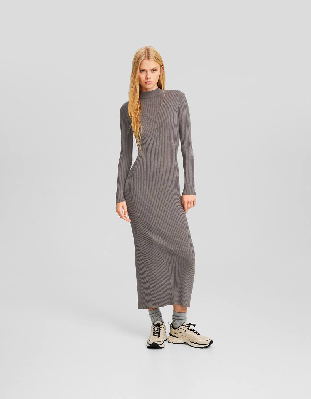 Shimmery knit high neck midi dress with long sleeves