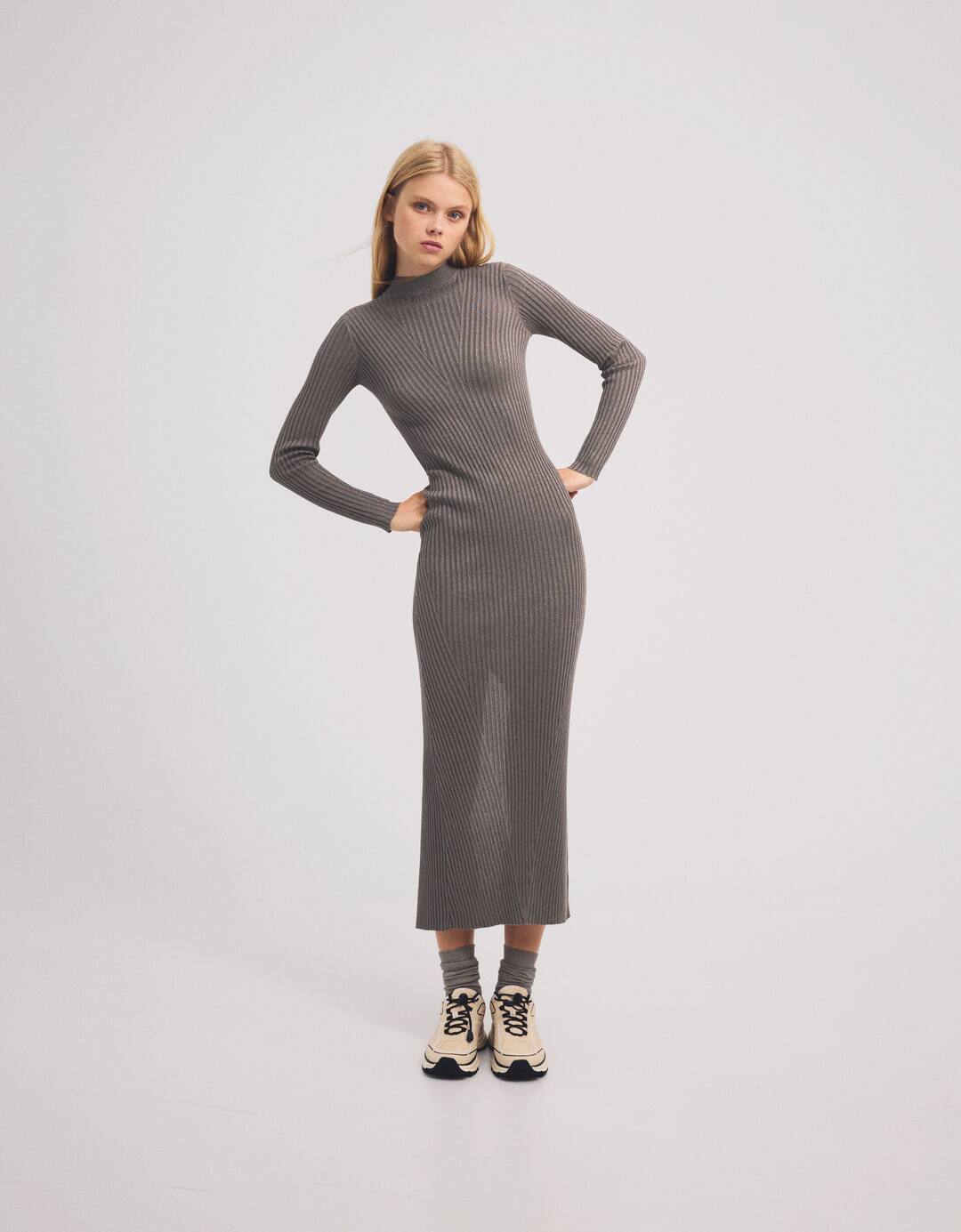 Shimmery knit high neck midi dress with long sleeves