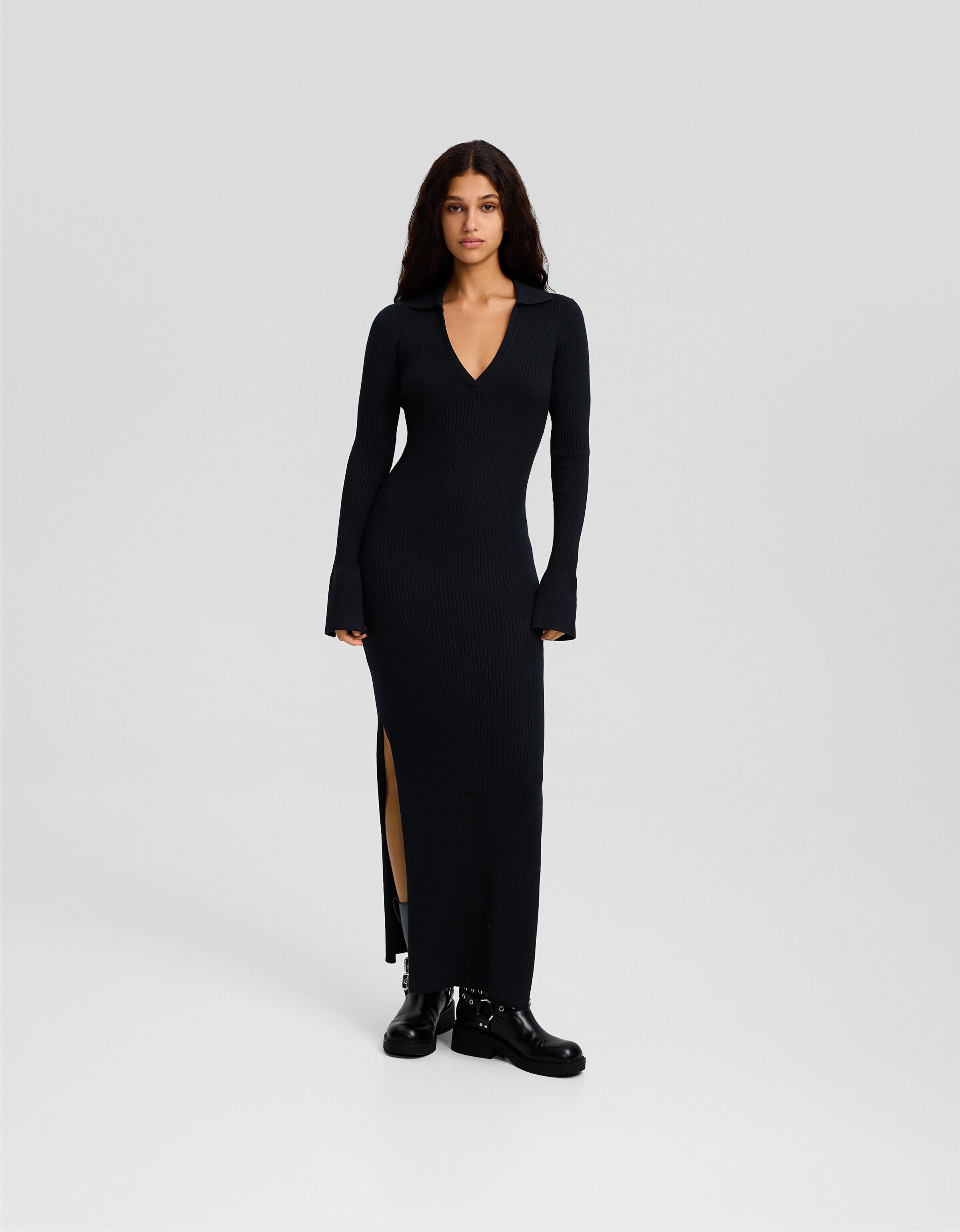 Black long shop sleeve collared dress