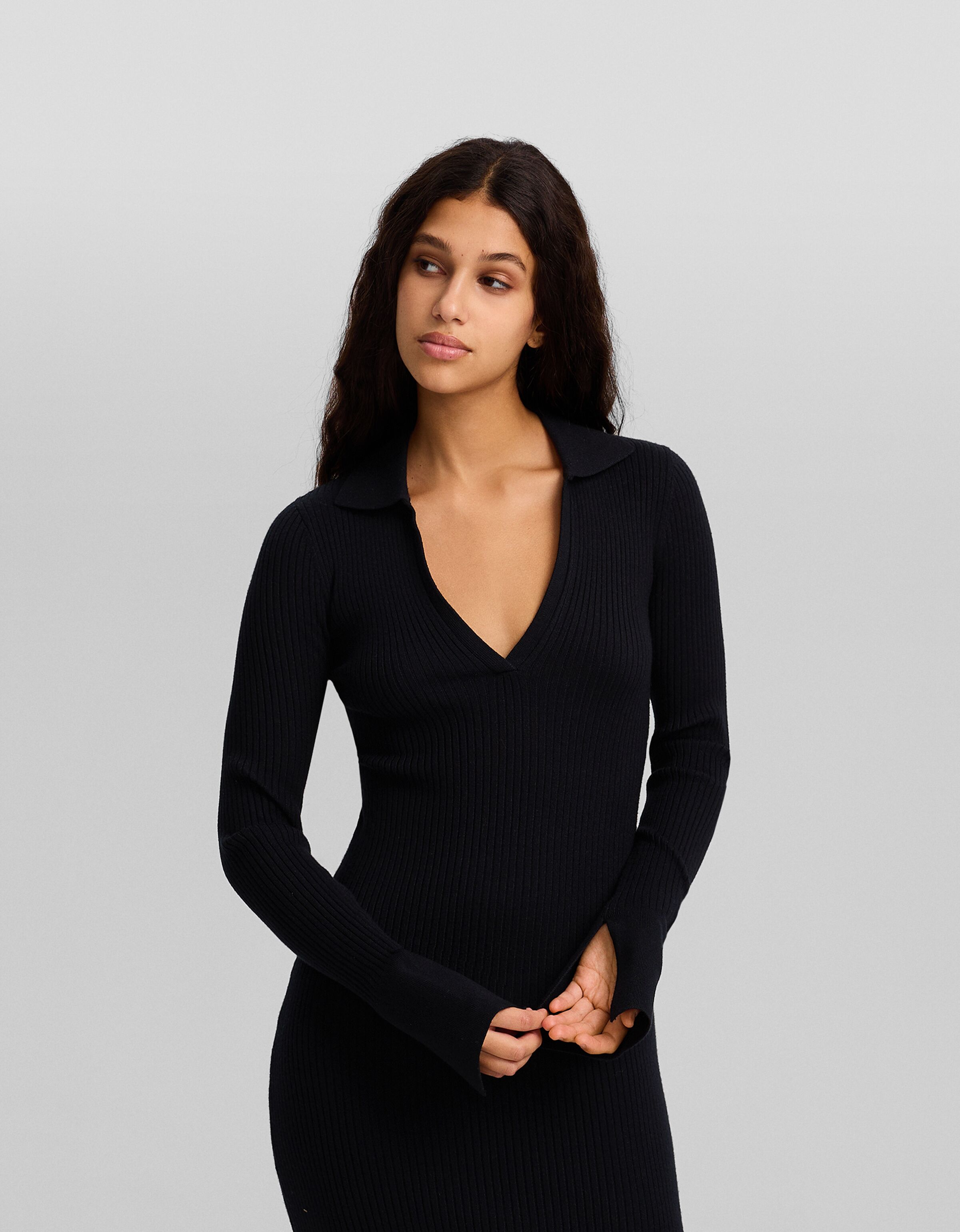 Black long shop sleeve collared dress