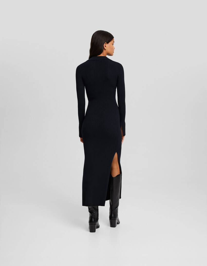 Long sleeve polo collar midi dress-Black-2