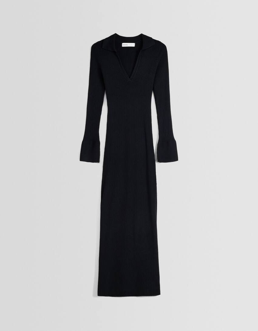 Long sleeve polo collar midi dress-Black-4