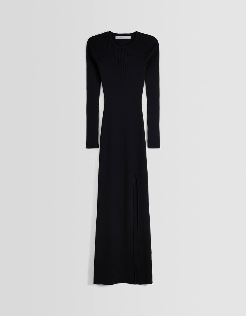 Long sleeve midi dress with side slit-Black-4