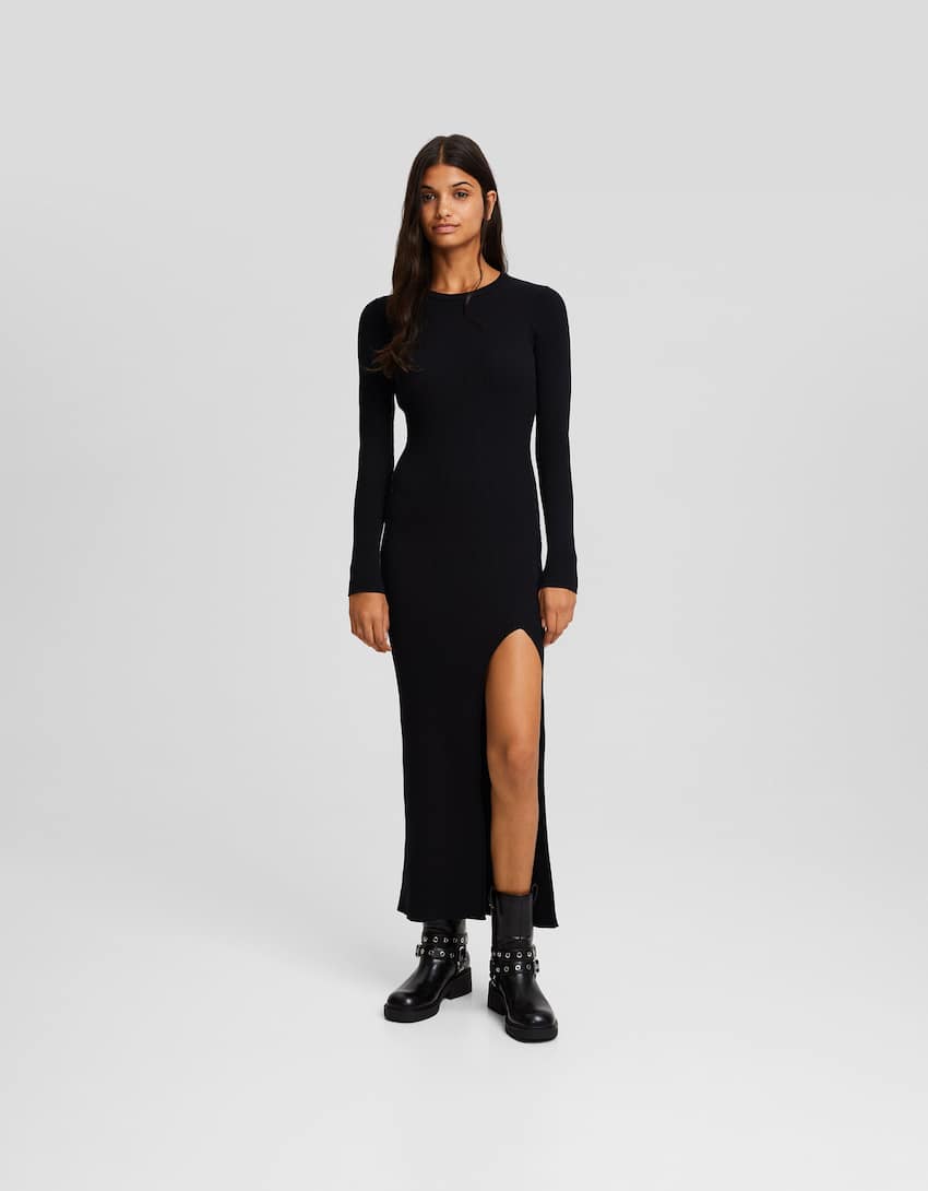 Long sleeve midi dress with side slit-Black-0