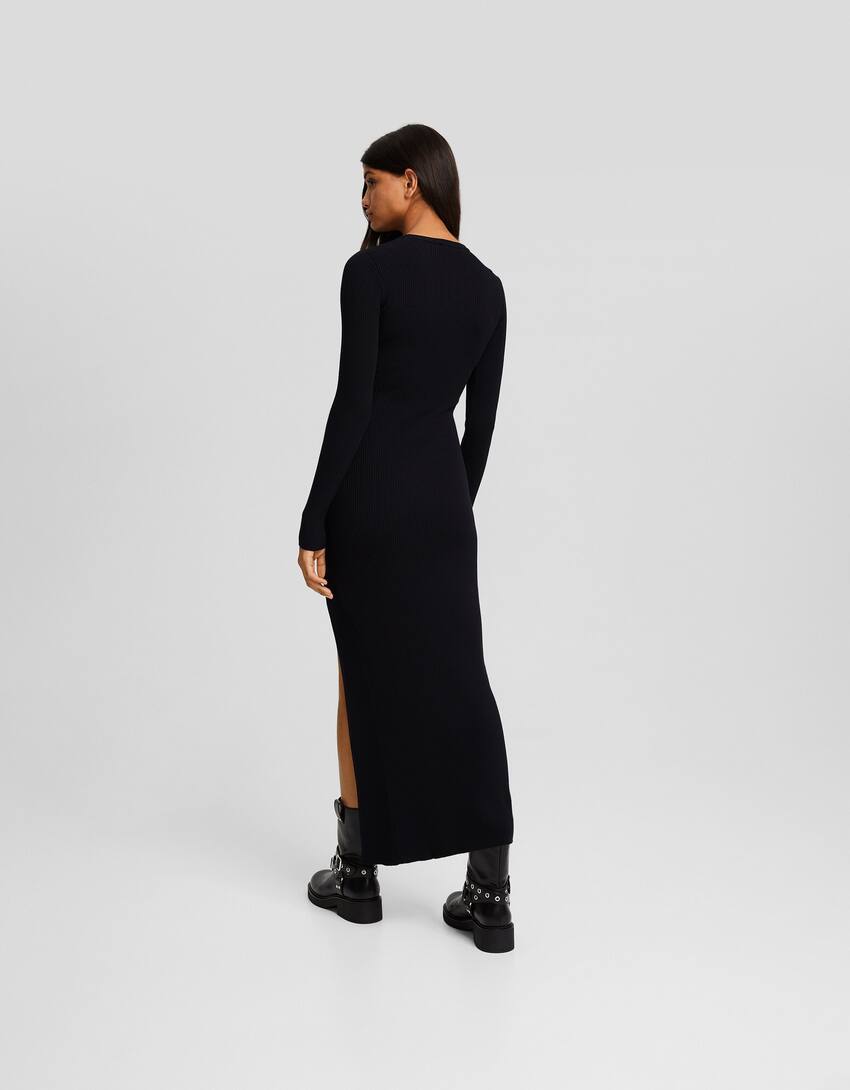 Long sleeve midi dress with side slit-Black-2