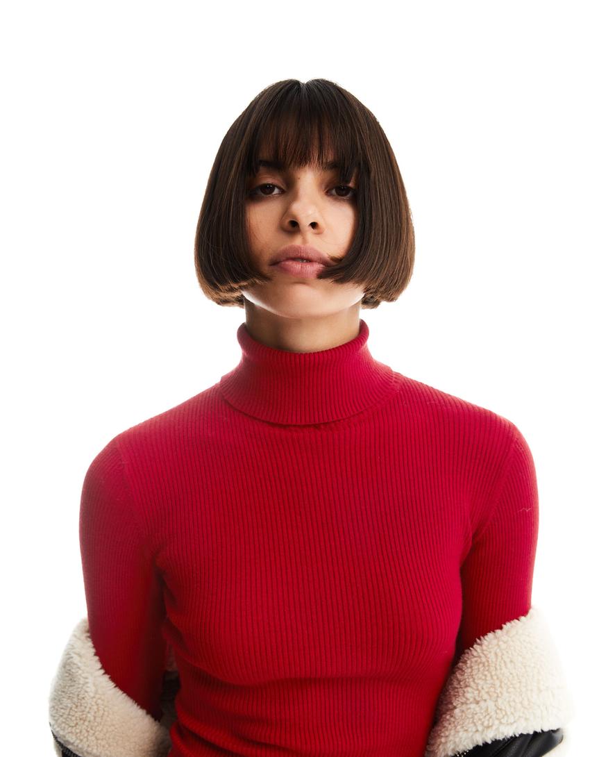 Mini-robe maille manches longues col roulé-Rouge-2