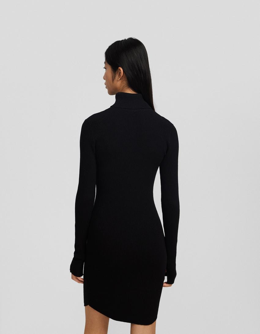Vestido mini manga comprida gola alta malha-Preto-1