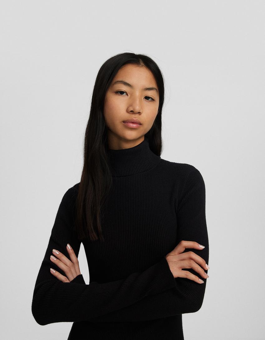 Vestido mini manga comprida gola alta malha-Preto-2