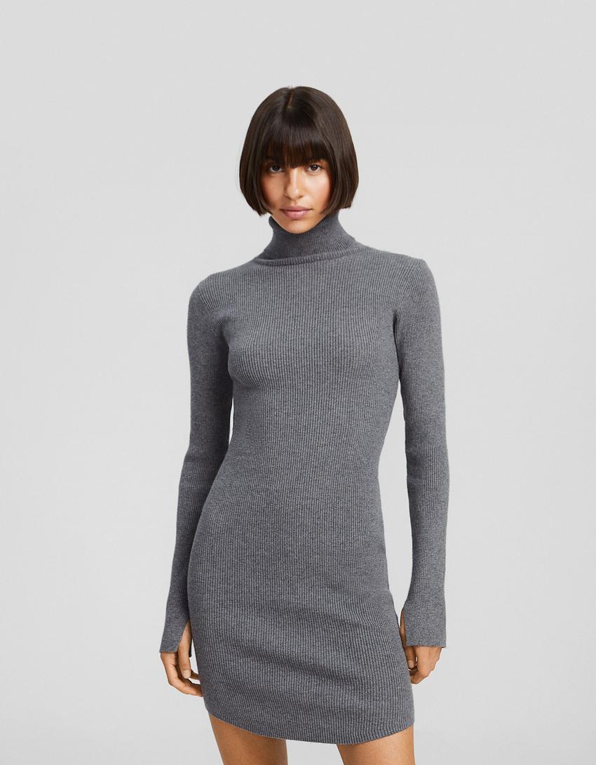 Mini-robe maille manches longues col roulé-Gris-1