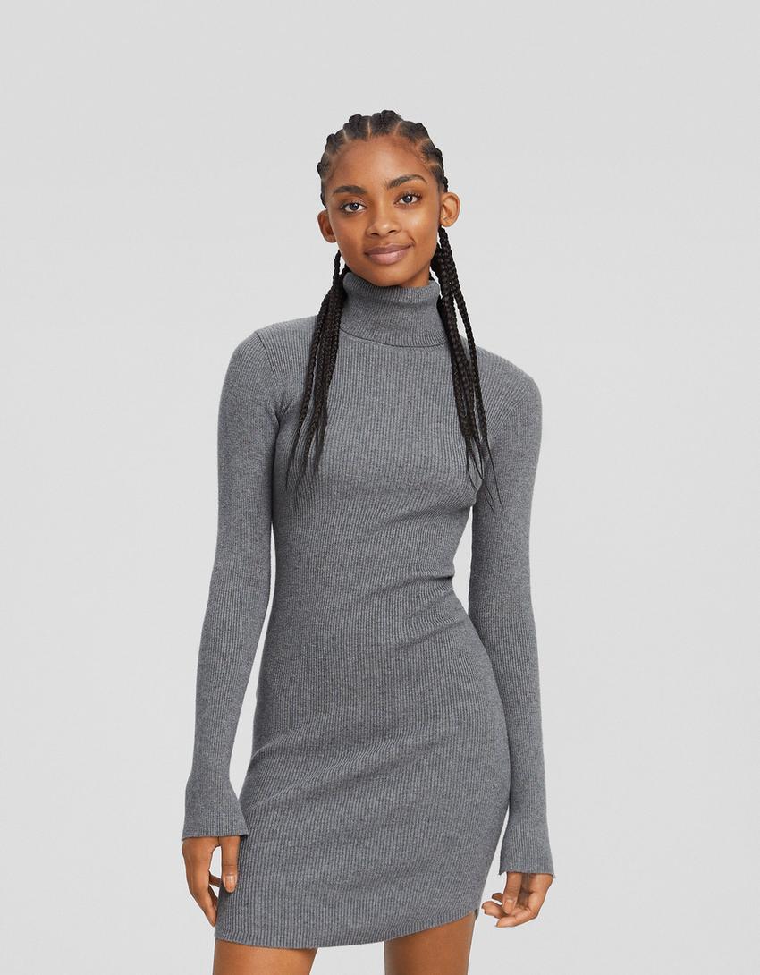 Vestido mini manga longa colo alto punto-Gris-0