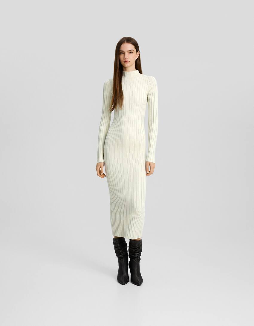 Ribbed knit midi dress with high neck-Khaki-0