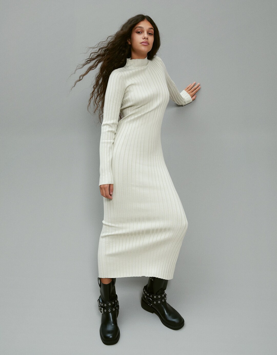 Ribbed knit midi dress with high neck