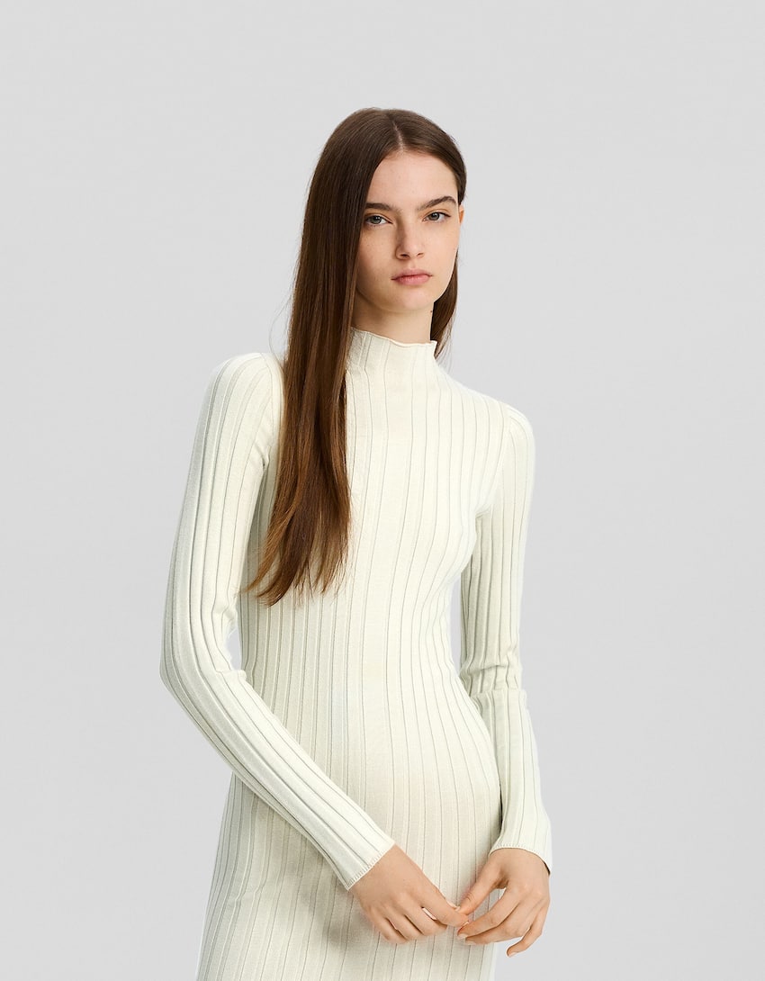Ribbed knit midi dress with high neck-Khaki-1