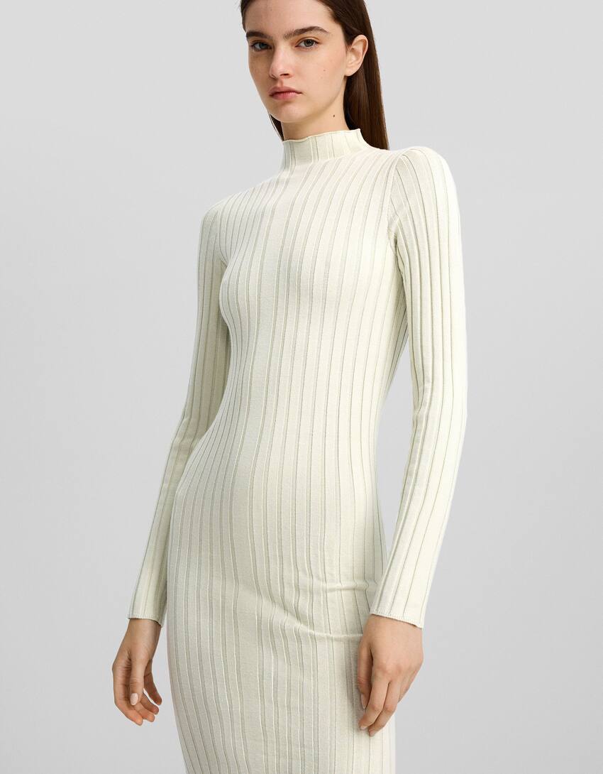 Ribbed knit midi dress with high neck-Khaki-3