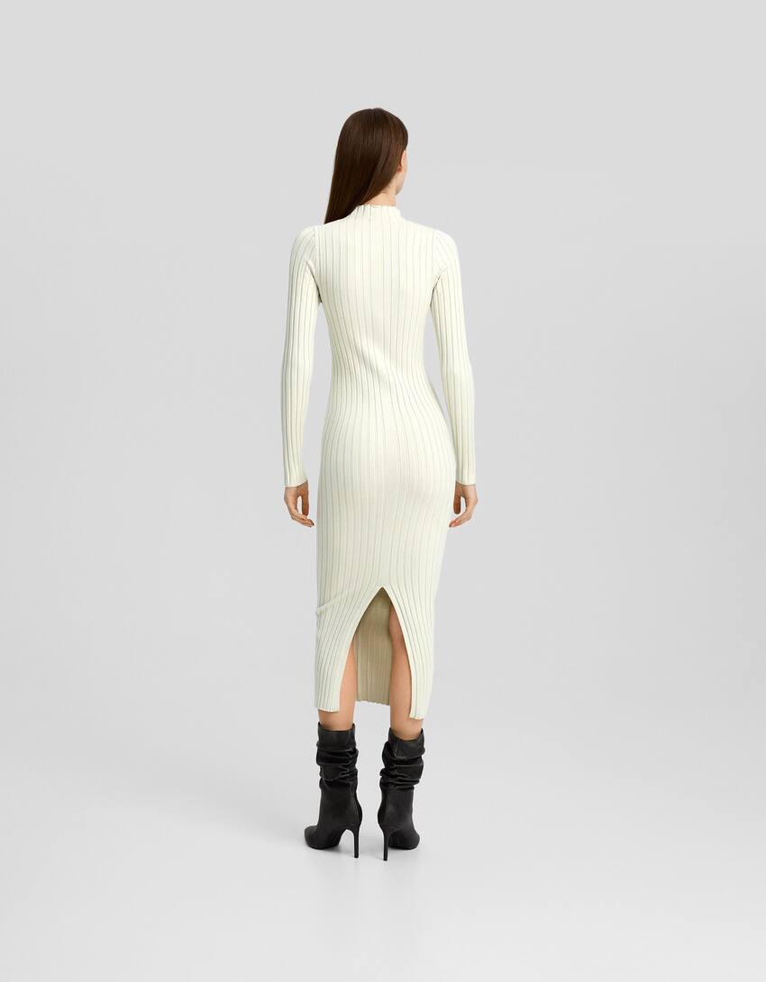 Ribbed knit midi dress with high neck-Khaki-2