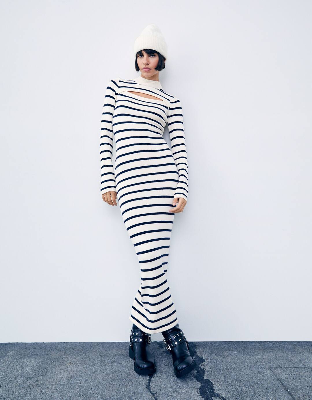 Striped cut-out knit midi dress with high neck