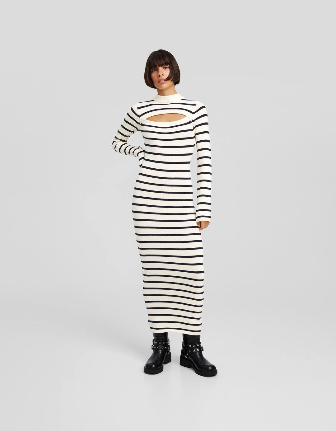 Striped cut-out knit midi dress with high neck