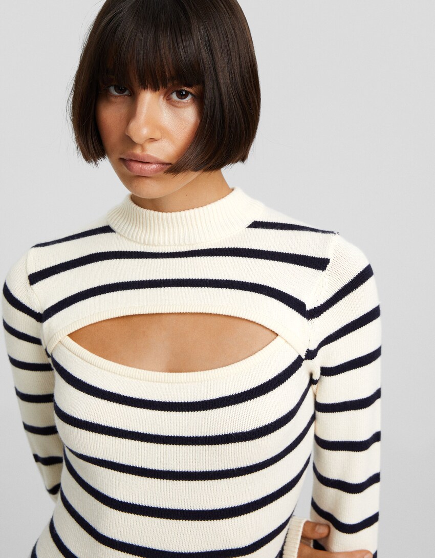 Striped cut-out knit midi dress with high neck - BSK Teen | Bershka
