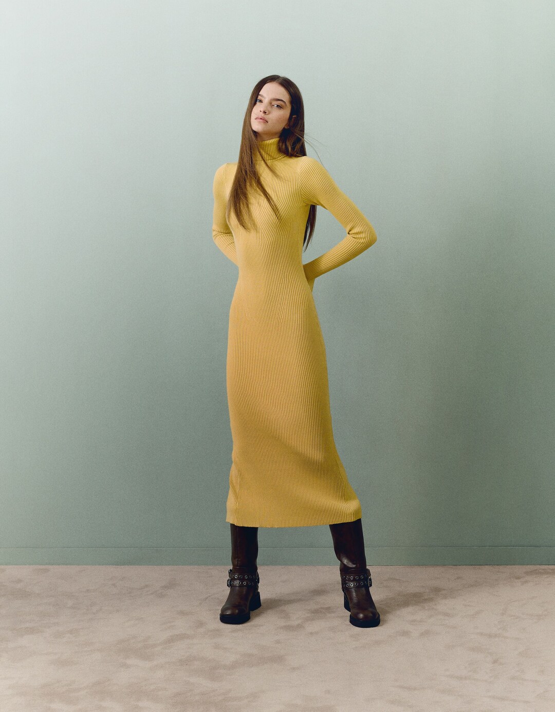 Ribbed knit midi dress with long sleeves and high neck with slits