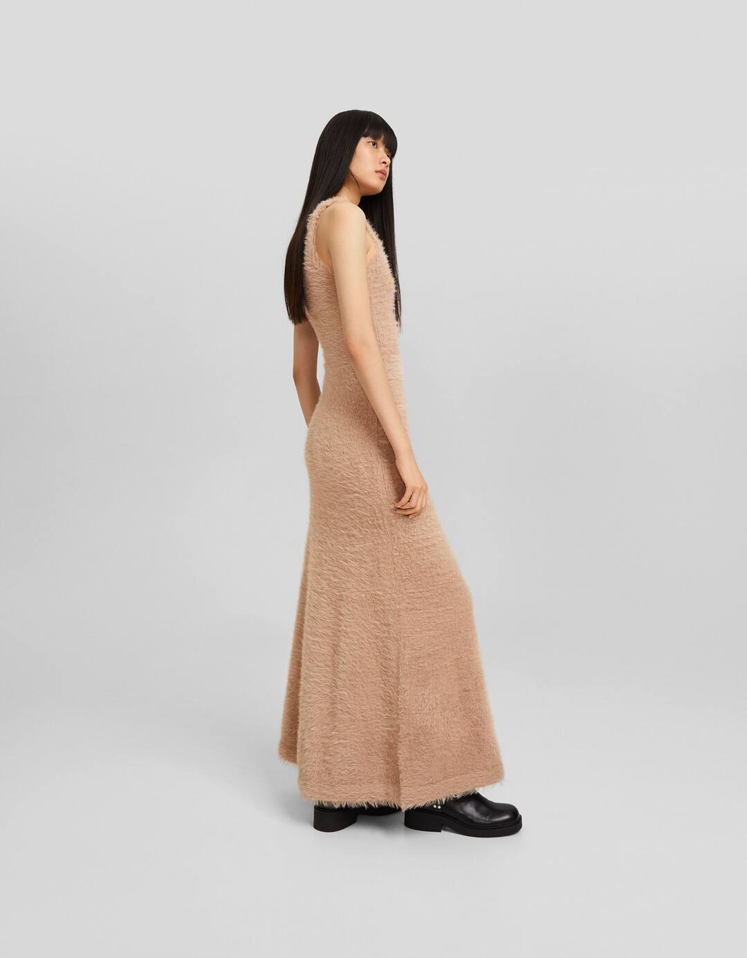 Strappy faux fur knit midi dress