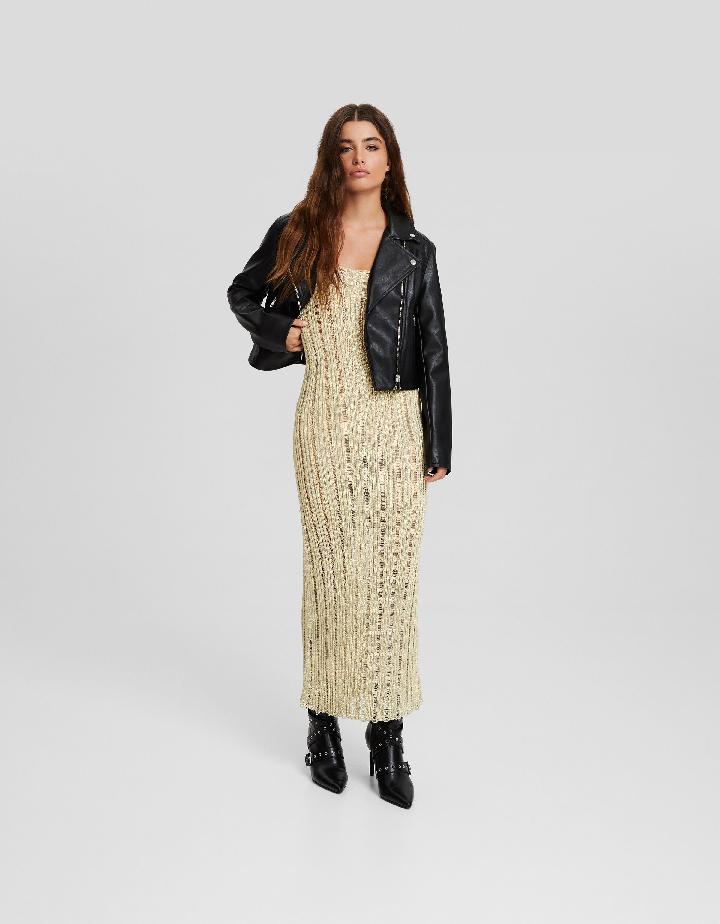 Metallic strappy ribbed knit midi dress Midi Women Bershka