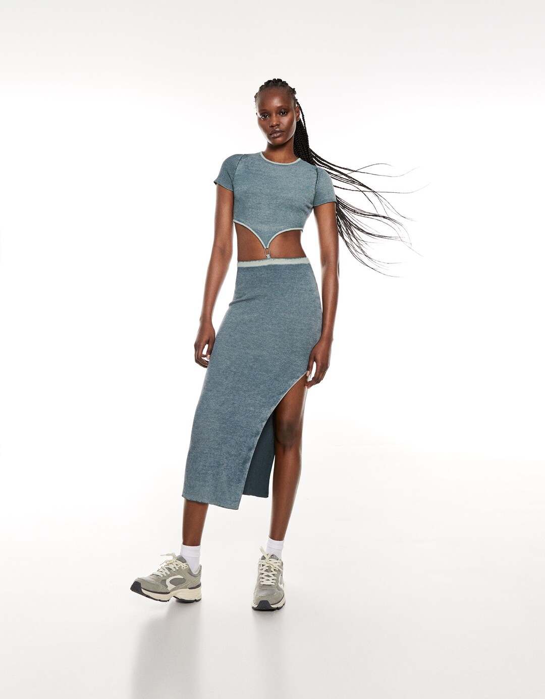 Faded-effect knit midi dress with cut-out