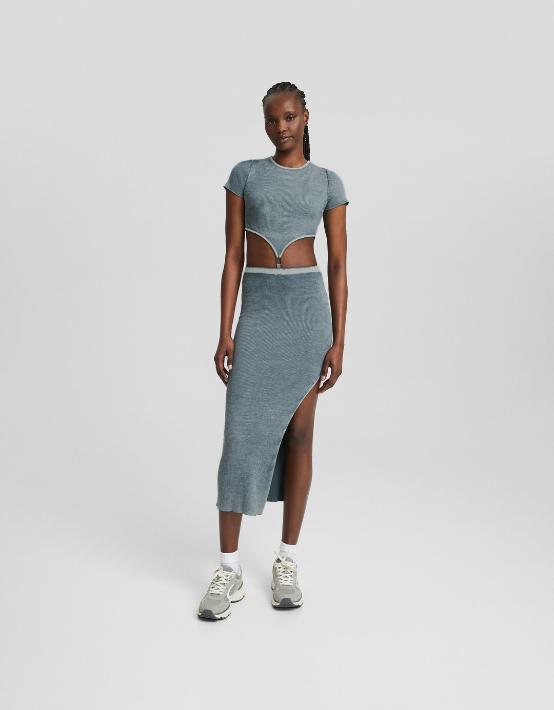 Faded-effect knit midi dress with cut-out