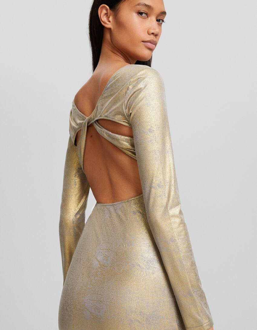 Laminated fitted midi dress with long sleeves and back detail-Gold-2