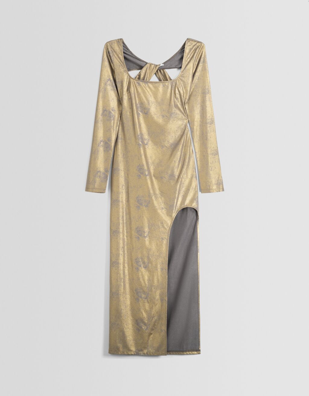 Laminated fitted midi dress with long sleeves and back detail-Gold-4